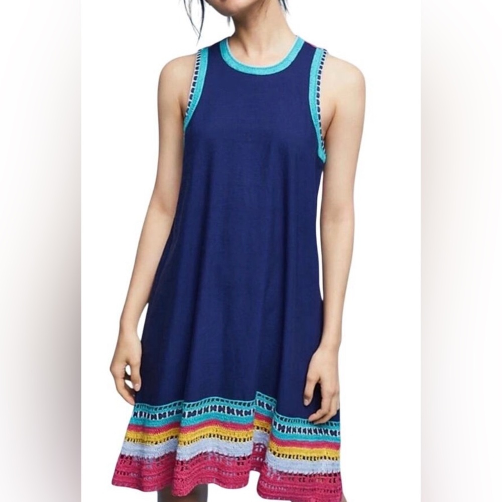 Anthropologie Akemi + Kin Crochet Trimmed Cotton Flax Blue Pink Boho Dress S